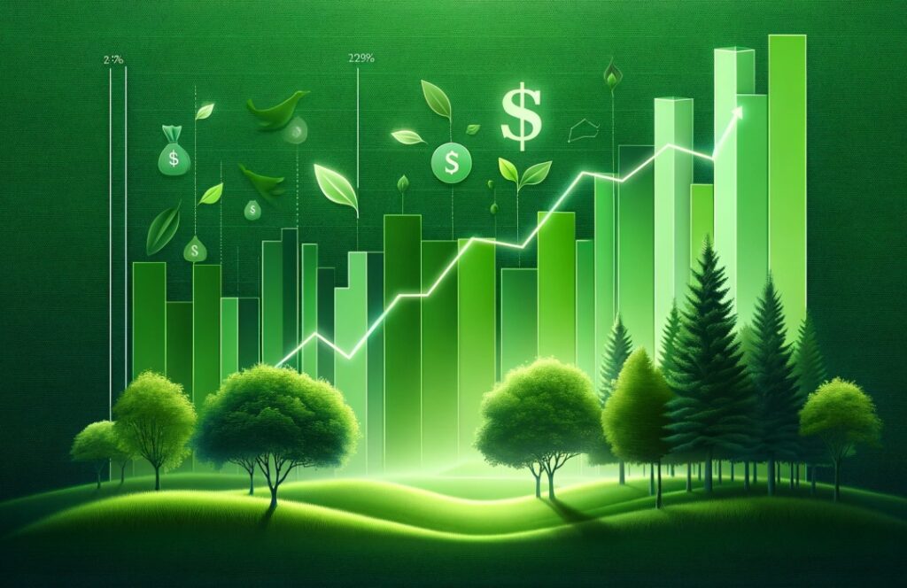 Building a Green Portfolio, represented by AI image of rising bar graph with trees in the foreground